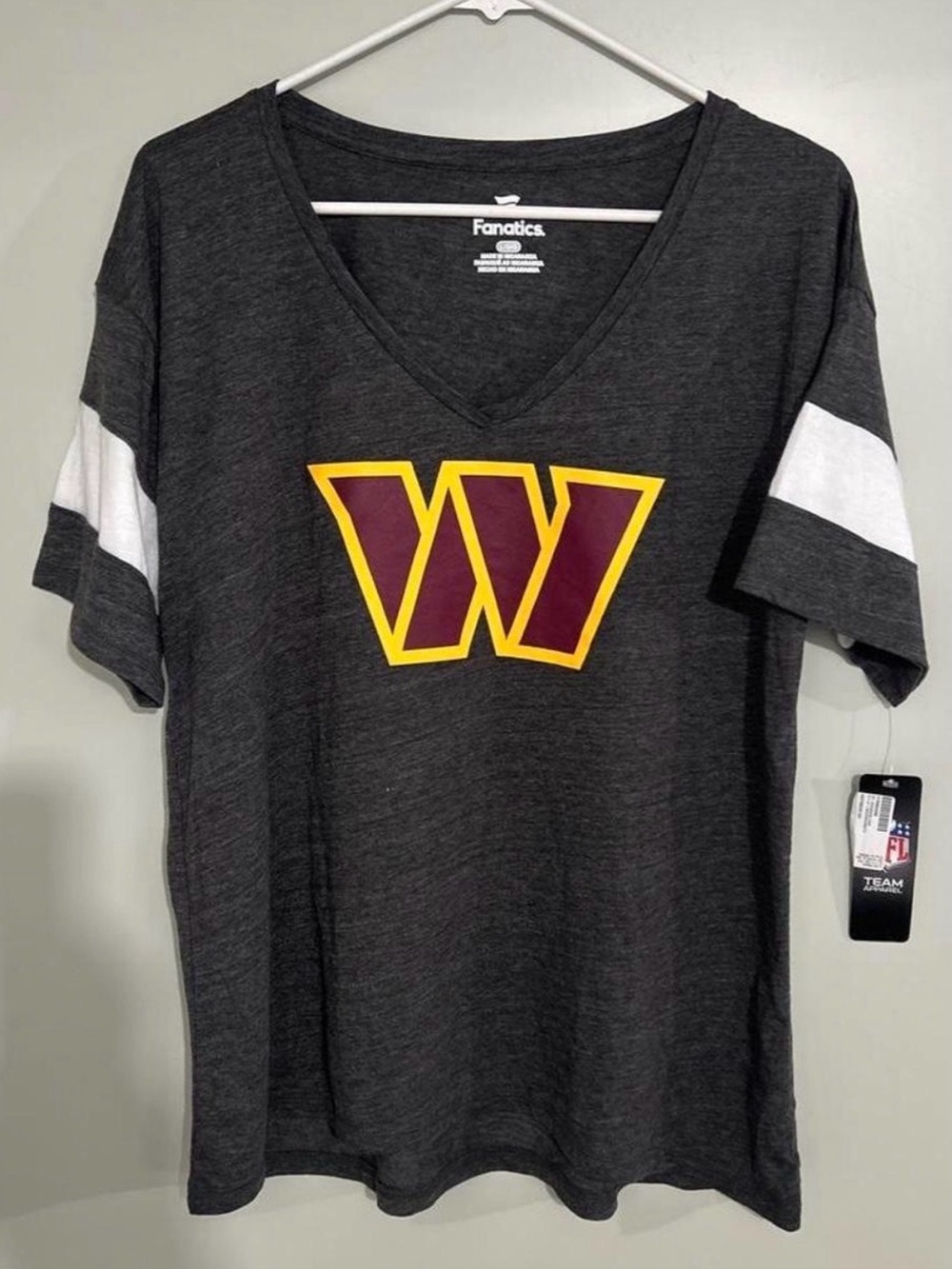 Fanatics Washington Commanders V-Neck Tee with Maroon and Gold 'W' Graphic